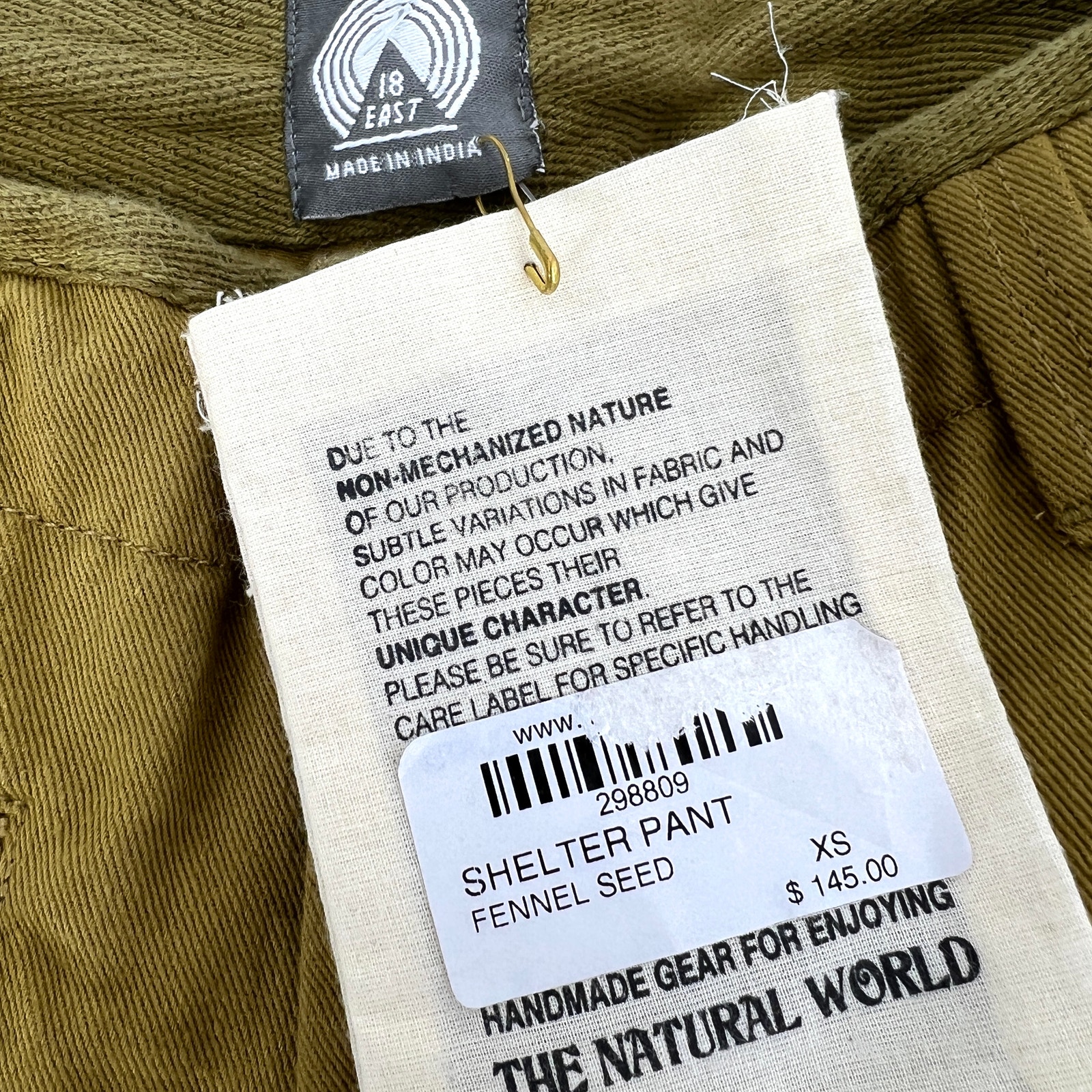 18 East Mfg Shelter 100% Cotton Pants Fennel Seed Color Size Xs Msrp $145 New — image 7 of 8